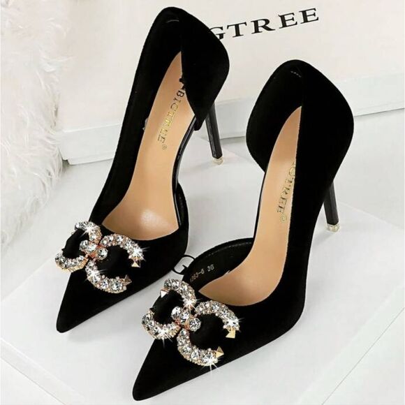 Big tree Fashion Women High Heel Rhinestone Buckle Bow black pointed toe velvet - Picture 1 of 14